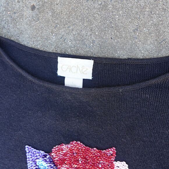 Vintage Cache Black Sequin Flower Sweater Women’s Large Ramie Cotton 90s Y2K - Picture 5 of 10